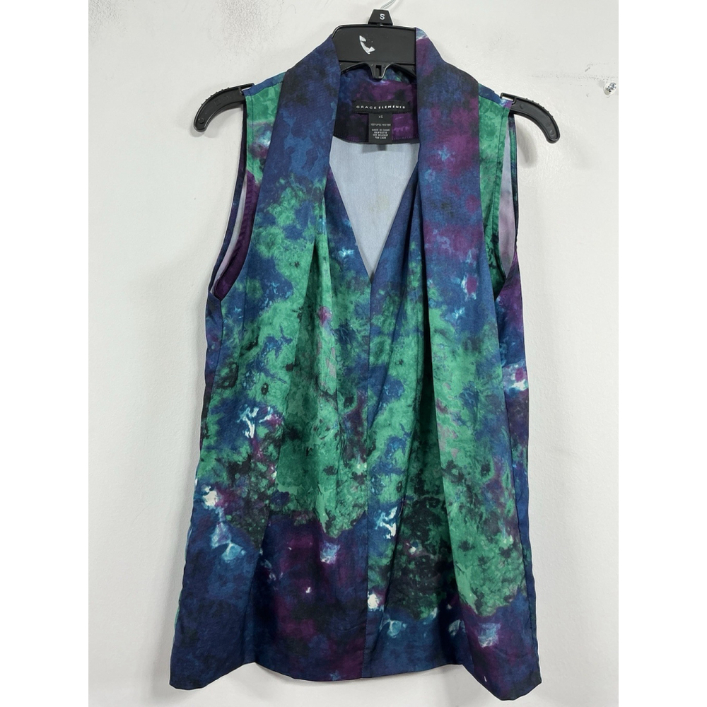 Womans Grace Elements Blouse Pullover XS Purple Green Tye Dyed V Neck Collar